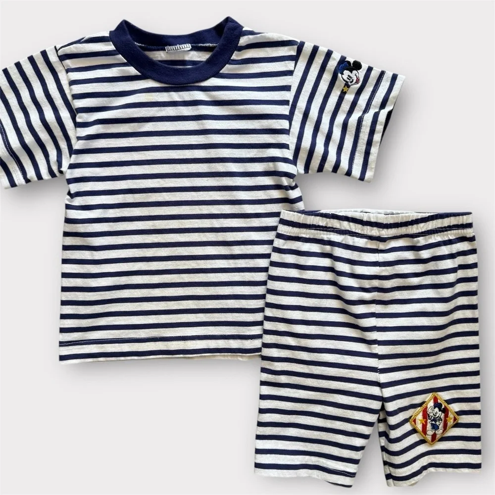 Vintage 90s Mickey Mouse The Disney Store Striped Shirt & Shorts Set Kids 6X
